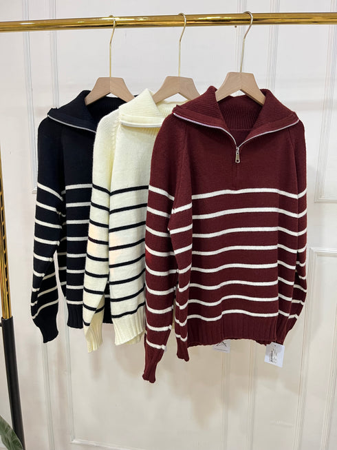 Heavy Knitted Collar Zip Stripes Pullover